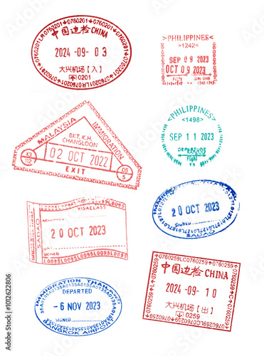 set of various passport visa stamps