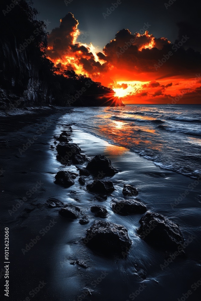 Fototapeta premium Dramatic sunset over a rocky beach with dark clouds reflecting in wet sand and vibrant orange sky.