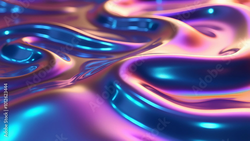 An abstract background featuring a fluid, iridescent, holographic neon wave in motion.