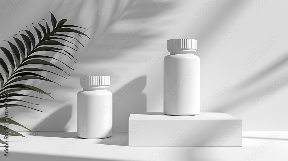 Two white pill bottles sit on a white platform, one larger than the other, with a palm leaf to the left. The background is a white wall with shadows. Two white pill bottles sit on a white platform, one larger than the other, with a palm leaf to the left. The background is a white wall with shadows.