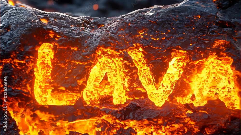 Dynamic Close-Up of Glowing Lava Rock with Engraved Text Dynamic Close-Up of Glowing Lava Rock with Engraved Text