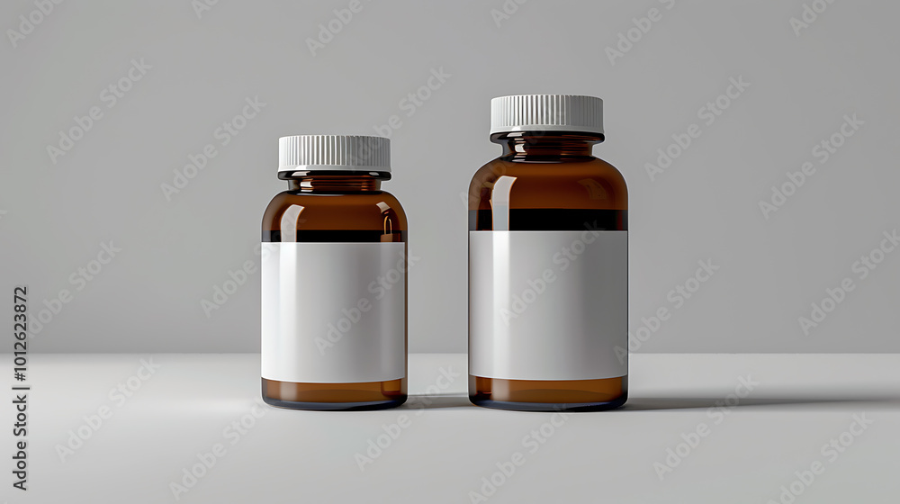 Two amber glass bottles with white labels and caps, perfect for displaying your product design. Two amber glass bottles with white labels and caps, perfect for displaying your product design.