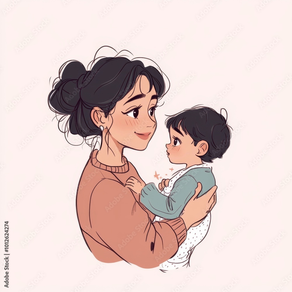 A mother lovingly holds her baby, their eyes locked in a tender gaze. A mother lovingly holds her baby, their eyes locked in a tender gaze.