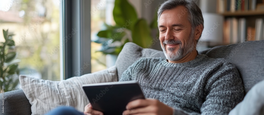 A happy mature man sitting on a couch and using a digital tablet. A happy mature man sitting on a couch and using a digital tablet.