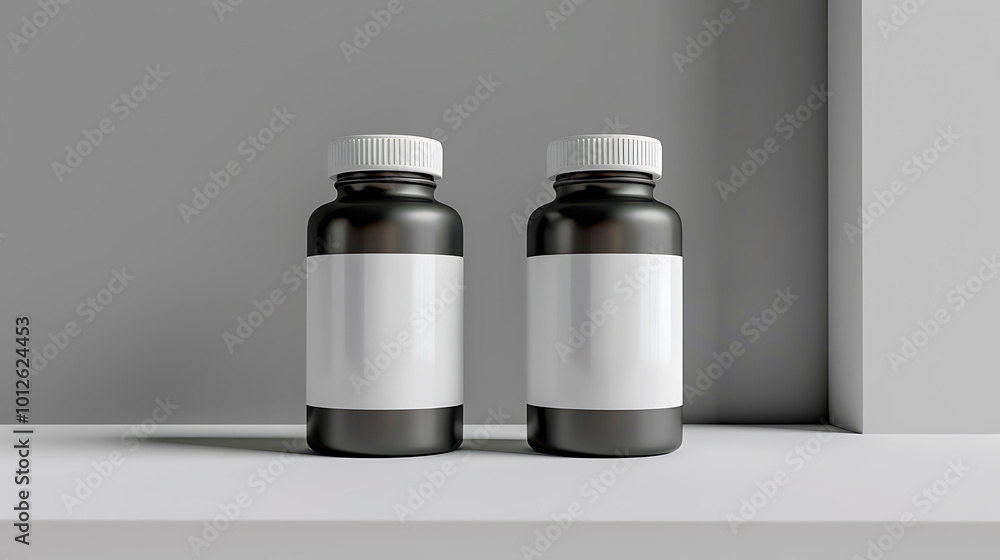 Two black bottles with white caps and labels on a white surface. Two black bottles with white caps and labels on a white surface.
