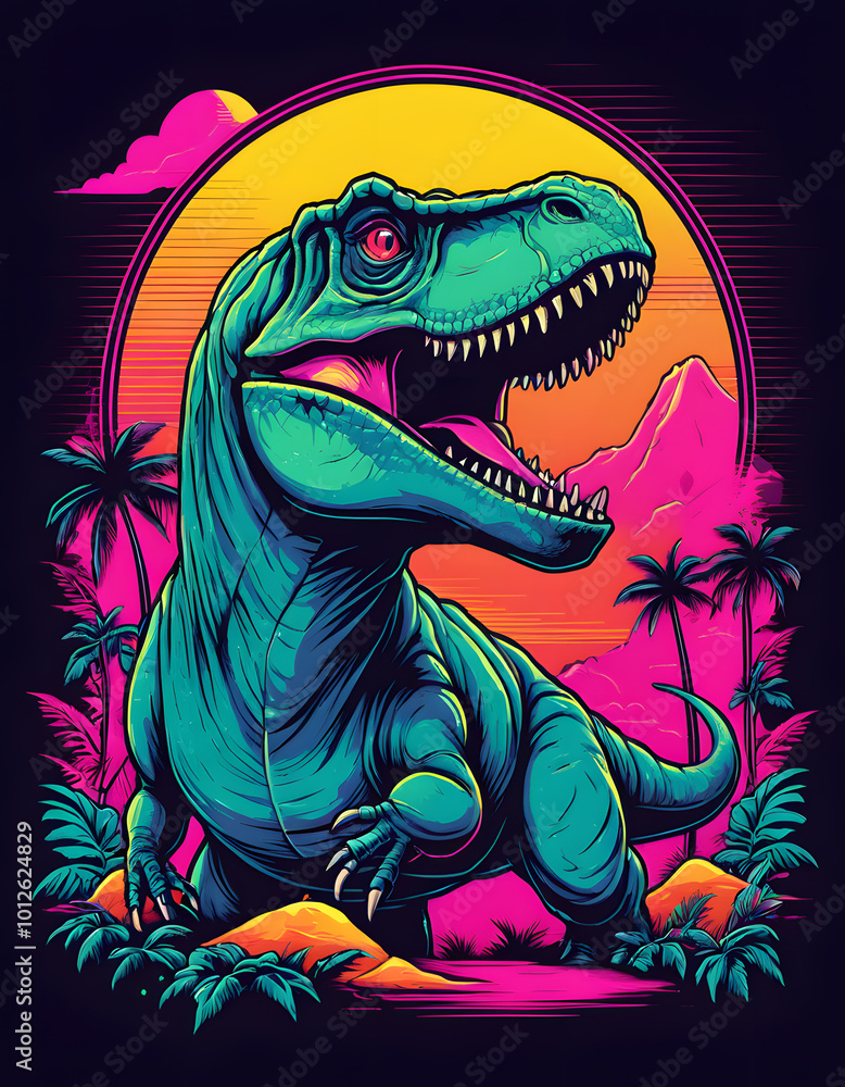 A poster for a dinosaur with palm trees and mountains in the background A poster for a dinosaur with palm trees and mountains in the background