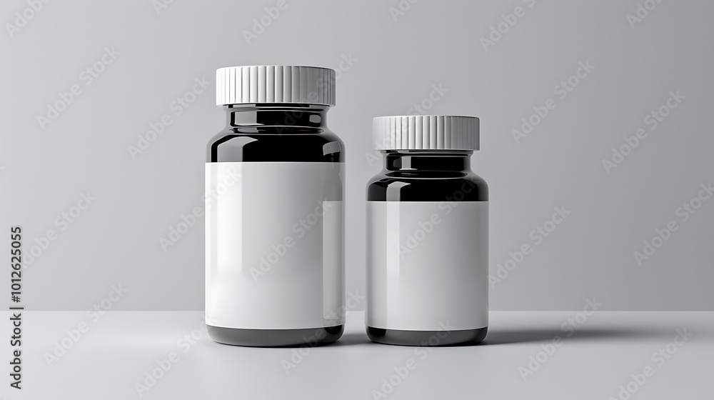 Two bottles with white labels and white lids stand on a white surface against a white background. Two bottles with white labels and white lids stand on a white surface against a white background.