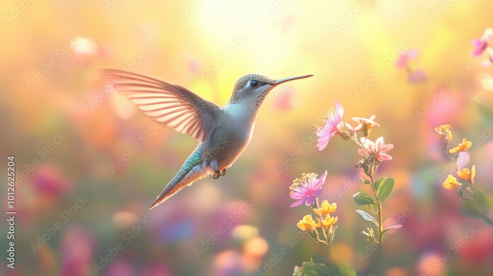 Naklejka premium Generative AI illustration of small hummingbird with colorful plumage flying near colorful blooming flowers on blurred background