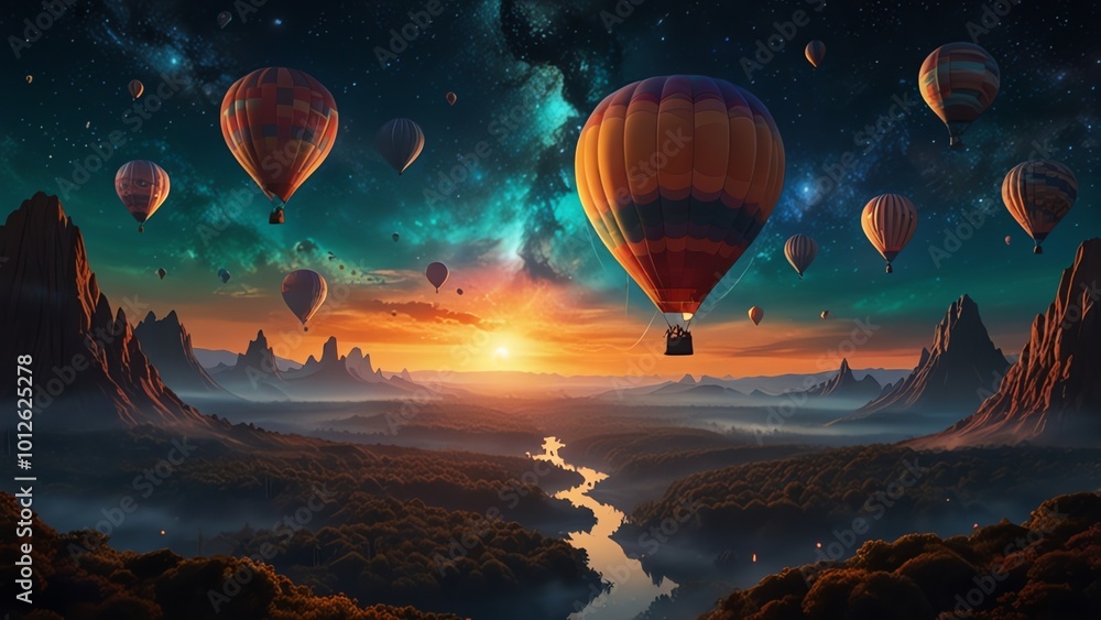 Obraz premium a sunset with hot air balloons flying over a river.