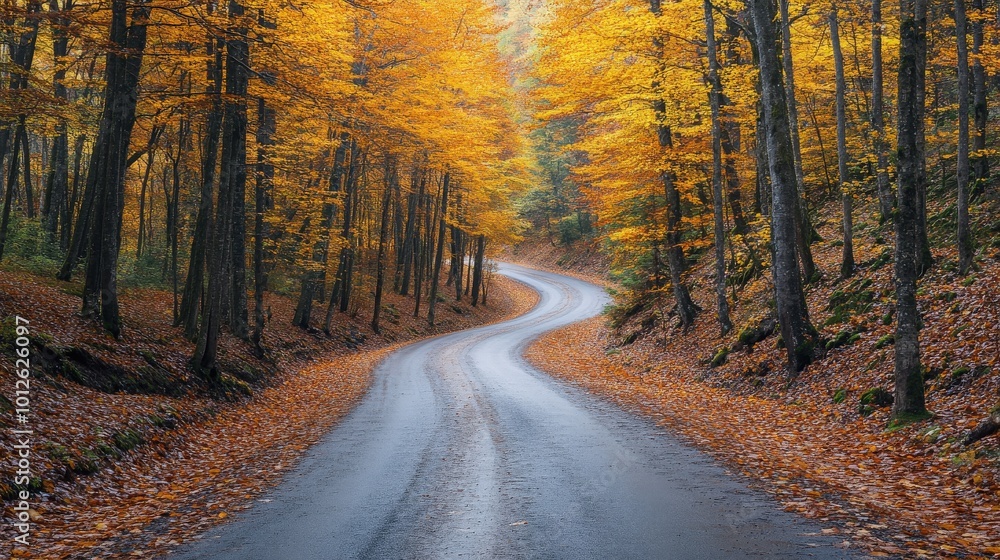 Experience the charm of an autumn forest in Eastern Europe, with vivid yellow and orange leaves, tree trunks, and a scenic road amidst the colorful landscape Experience the charm of an autumn forest in Eastern Europe, with vivid yellow and orange leaves, tree trunks, and a scenic road amidst the colorful landscape