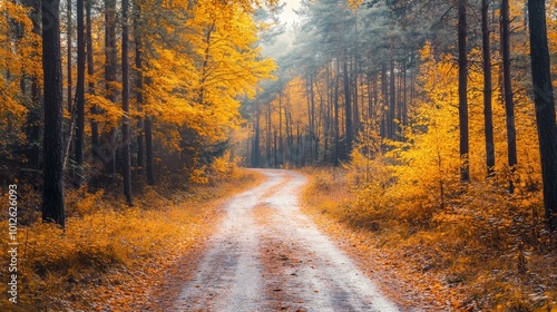 Experience the charm of an autumn forest in Eastern Europe, with vivid yellow and orange leaves, tree trunks, and a scenic road amidst the colorful landscape