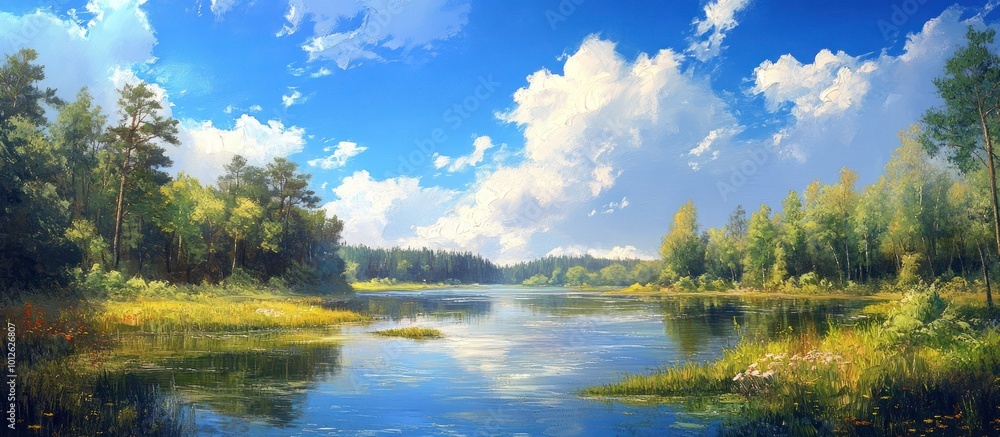 Obraz premium Tranquil lake surrounded by lush green trees and a blue sky with fluffy clouds, reflecting sunlight and offering a serene and peaceful view.