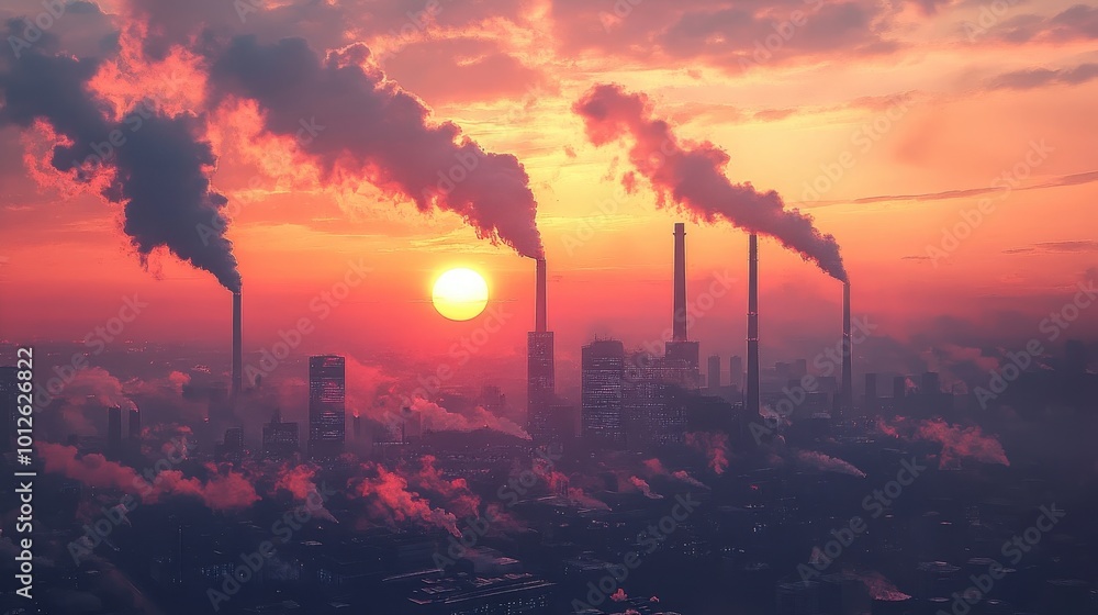 Fototapeta premium Sunrise over industrial complex with towering smokestacks