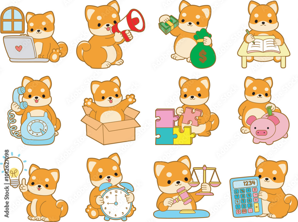 Cute puppy kawaii dog lovely animal vector icon. Fluffy Shiba Inu pet stickers. Happy doggy activities illustrations.
Cute puppy kawaii dog lovely animal vector icon. Fluffy Shiba Inu pet stickers. Happy doggy activities illustrations.