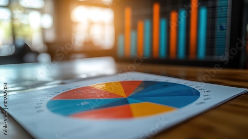 Colorful pie chart and bar graph representing data analysis on a desk during a business meeting