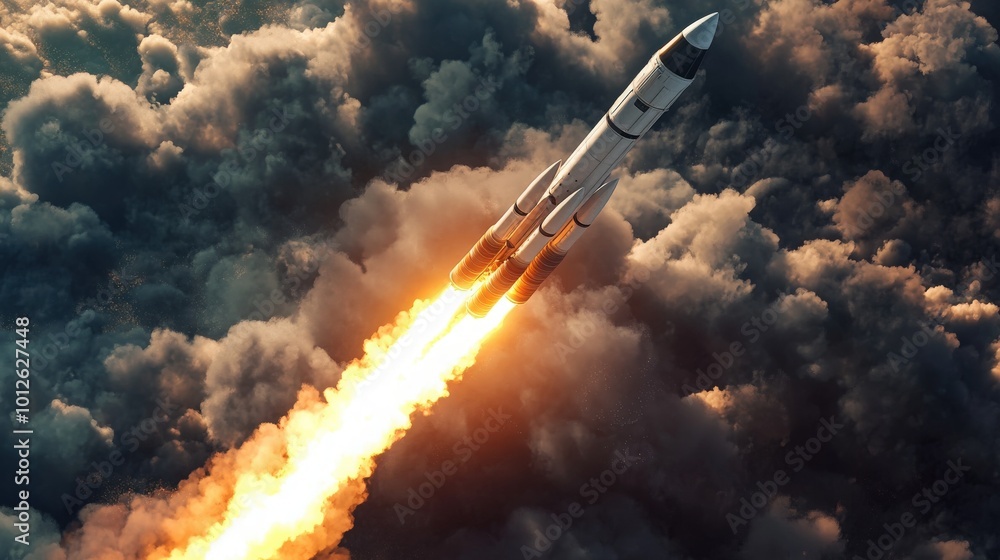 Realistic 3D render of a space rocket ascending into space, showcasing detailed smoke trails and fiery rocket engines Realistic 3D render of a space rocket ascending into space, showcasing detailed smoke trails and fiery rocket engines