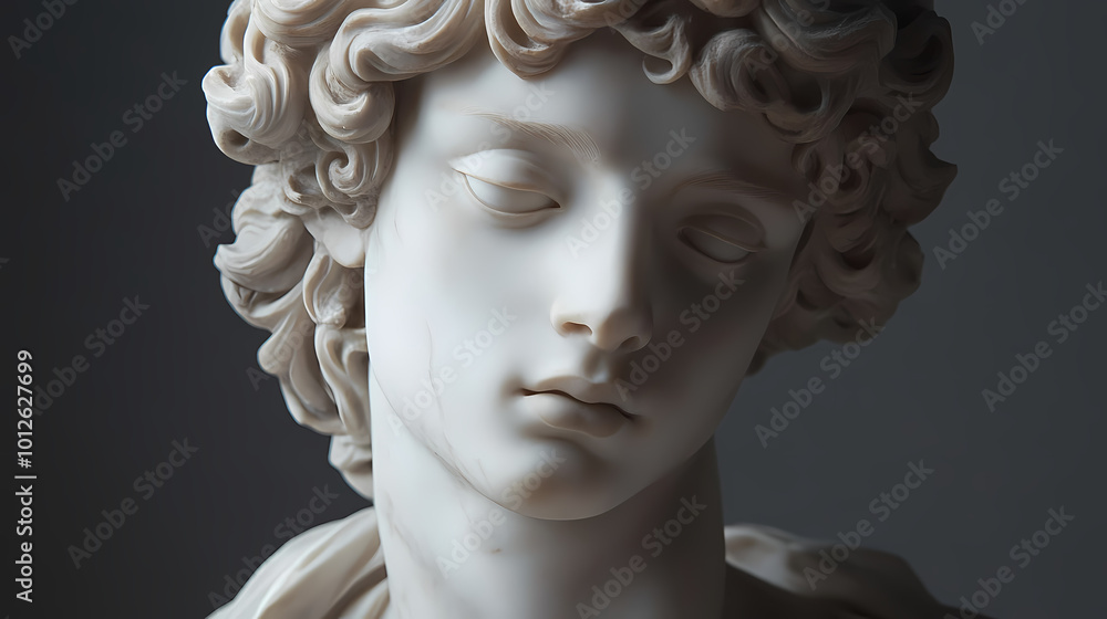 Marble sculpture of a young man with curly hair. Neoclassical Art. Illustration Marble sculpture of a young man with curly hair. Neoclassical Art. Illustration