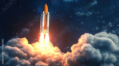 Realistic 3D render of a space rocket in mid-launch, showcasing the intense fiery exhaust and surrounding smoke as it ascends