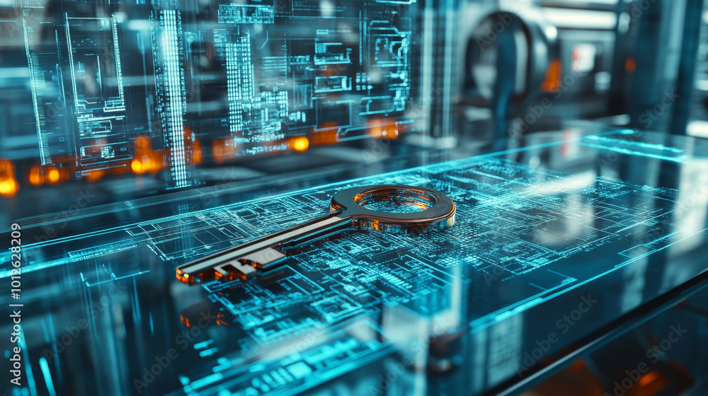 futuristic industrial key rests on glass desk, surrounded by digital blueprints and glowing data. scene evokes sense of innovation and technology futuristic industrial key rests on glass desk, surrounded by digital blueprints and glowing data. scene evokes sense of innovation and technology