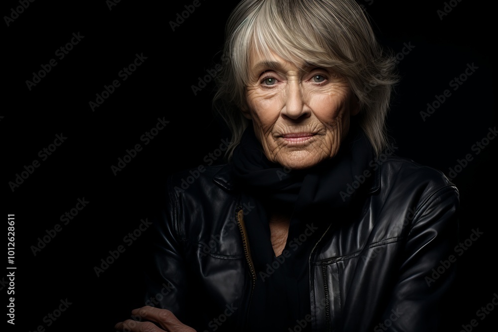 Portrait of an elderly woman in a leather jacket on a black background Portrait of an elderly woman in a leather jacket on a black background