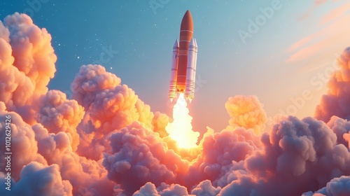 Render of the technology development journey culminating in a space rocket launch, highlighting the exciting launch of a new product or service in 3D photo