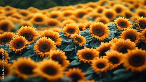 Aerial view of a sunflower field, captured from above, showcasing the vibrant colors and patterns  photo