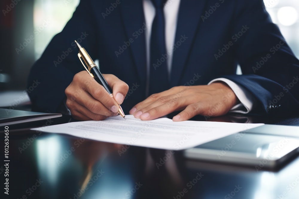 Close-up of a businessman hand holding a pen over a contract, with documents and a laptop on a desk Close-up of a businessman hand holding a pen over a contract, with documents and a laptop on a desk