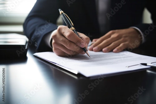 Close-up of a businessman hand holding a pen over a contract, with documents and a laptop on a desk