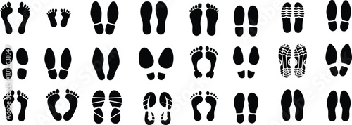 Footprints human silhouette vector set. Shoe sole print collection. Foot print tread, boots, sneakers. Impression icon barefoot Footsteps female, man and children.