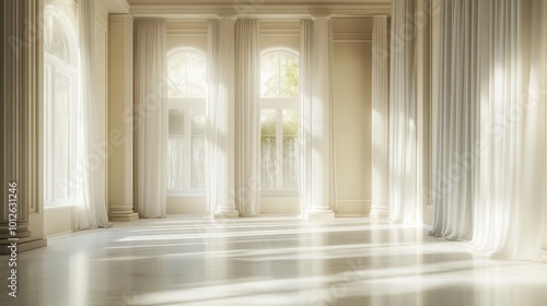 Minimalist interior with elegant white columns and soft shadows, creating a tranquil and sophisticated atmosphere.