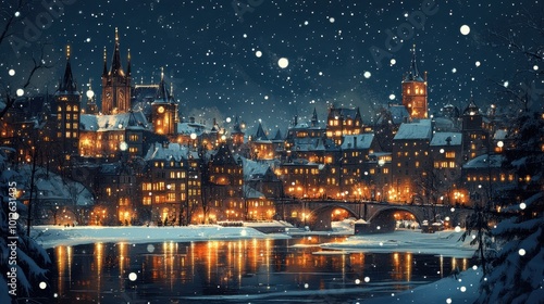 Winter city with illuminated building architecture and dark night lights, explore beautiful landmark castle, travel to snowy urban landscape with towers and river, picturesque evening for tourism