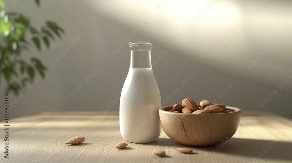 Almond bottle glass milk and almonds on plate in wooden table kitchen blurred background Almond bottle glass milk and almonds on plate in wooden table kitchen blurred background