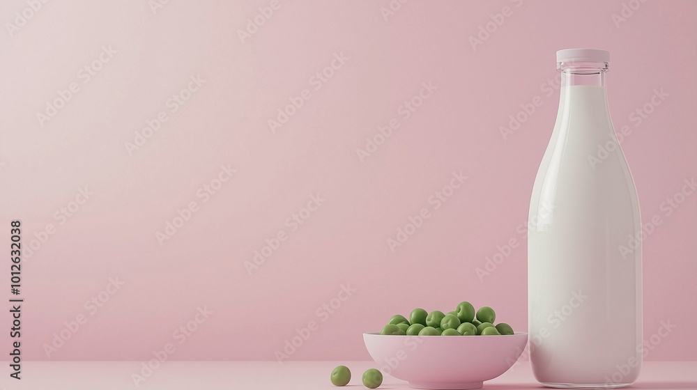 Pea protein beverage milk on glass bottle and pea stack on bowl copy space background Pea protein beverage milk on glass bottle and pea stack on bowl copy space background