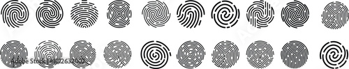 Fingerprint icon set, finger print identity symbol collection, thumbprint sign group vector illustration. Fingers prints. Thumbs print Identification. ID verification. Bio metric authentication.