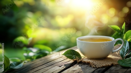 A steaming cup of green tea on a rustic wooden table with green tea leaves in the background, bathed in the warm glow of the morning sun.