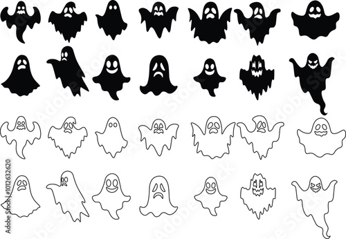 Ghost icon set Vector. Halloween concept, Cartoon Ghosts, black ghost with eyes, spooky character, ghoul or spirit monsters silhouettes with spooky faces. Horror holiday flying phantoms or nightmare