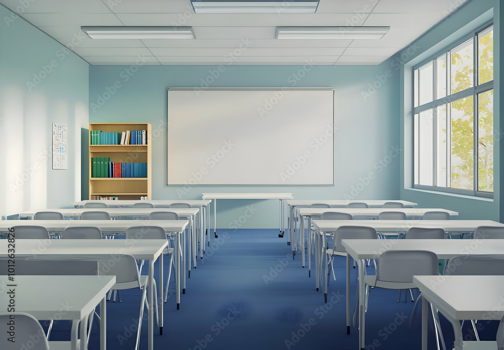 Modern 3D Classroom with Blue Carpet and Whiteboard Modern 3D Classroom with Blue Carpet and Whiteboard
