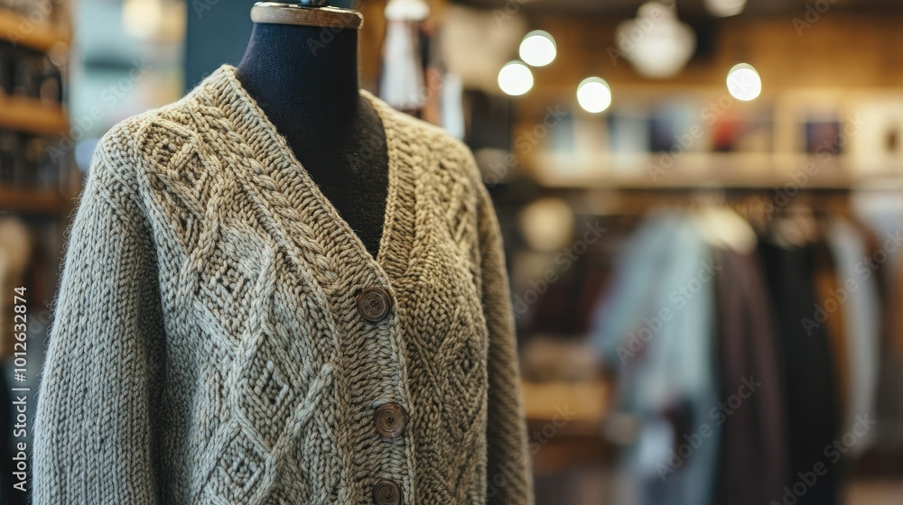 A close-up of detailed knitting patterns on a handwoven cardigan, displayed on a mannequin in a well-lit, modern boutique shop. A close-up of detailed knitting patterns on a handwoven cardigan, displayed on a mannequin in a well-lit, modern boutique shop.