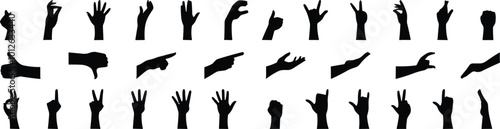 Hand gesture icon set. All type of hand emojis, gestures, stickers, emoticons flat vector illustration symbols. Hands, handshakes, muscle, finger, fist, direction, like, unlike, fingers collection