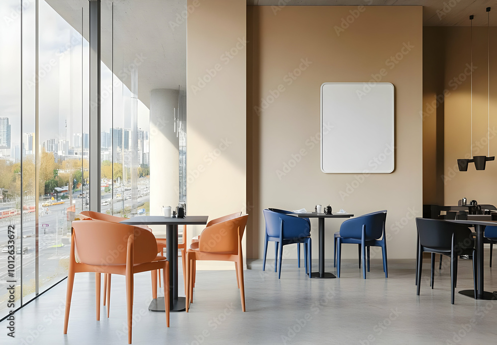 Fototapeta premium Empty Poster Frame in Modern Cafe Interior
