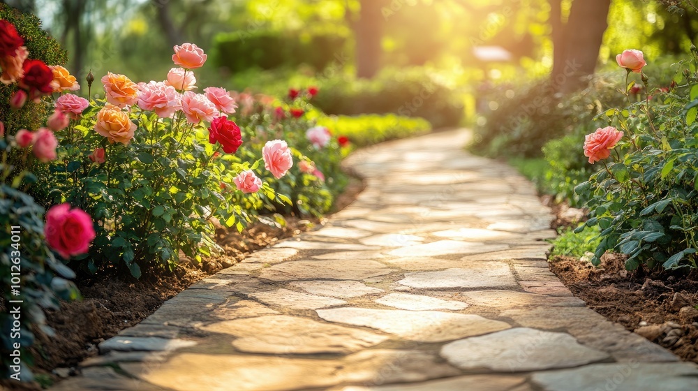 A decorative garden path made of smooth stone slabs, bordered by blooming roses and lush greenery, creating a serene and colorful outdoor escape. A decorative garden path made of smooth stone slabs, bordered by blooming roses and lush greenery, creating a serene and colorful outdoor escape.