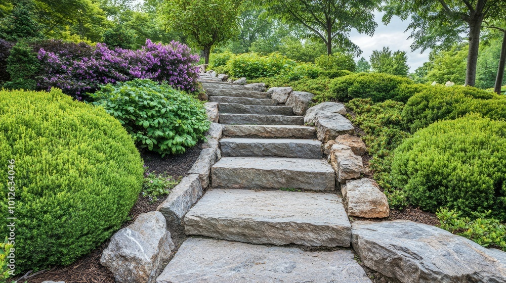 A decorative garden path with large stone steps leading up a small hill, bordered by green shrubs and flowering plants, inviting a peaceful outdoor walk. A decorative garden path with large stone steps leading up a small hill, bordered by green shrubs and flowering plants, inviting a peaceful outdoor walk.