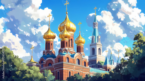 The golden domes of the cathedral of the holy cross in moscow, russia, the flags of the russian federation and the ukraine are flying on the domes. Russian Cathedral. Illustration