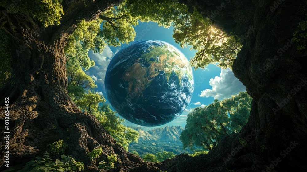 Fototapeta premium A captivating scene featuring a globe with detailed landforms and oceans, framed by healthy trees, promoting the idea of ecological stewardship through tree cultivation.