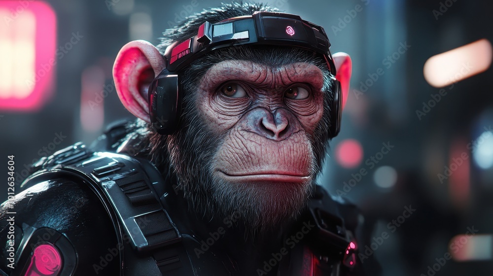 Futuristic Monkey in Vibrant Cyber Suit in a Technological Background Exuding Playfulness and Curiosity with a Dynamic and Energetic Mood Futuristic Monkey in Vibrant Cyber Suit in a Technological Background Exuding Playfulness and Curiosity with a Dynamic and Energetic Mood