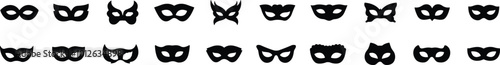 Set of flat carnival masks silhouettes. Simple black icons of masquerade masks, for party, parade and carnival, for Mardi Gras and Halloween. Mask elements. Face mask