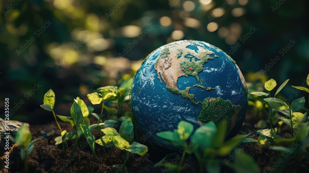 A close-up of a globe showcasing various ecosystems, surrounded by vibrant green saplings, illustrating the concept of cultivating trees for a sustainable future. A close-up of a globe showcasing various ecosystems, surrounded by vibrant green saplings, illustrating the concept of cultivating trees for a sustainable future.
