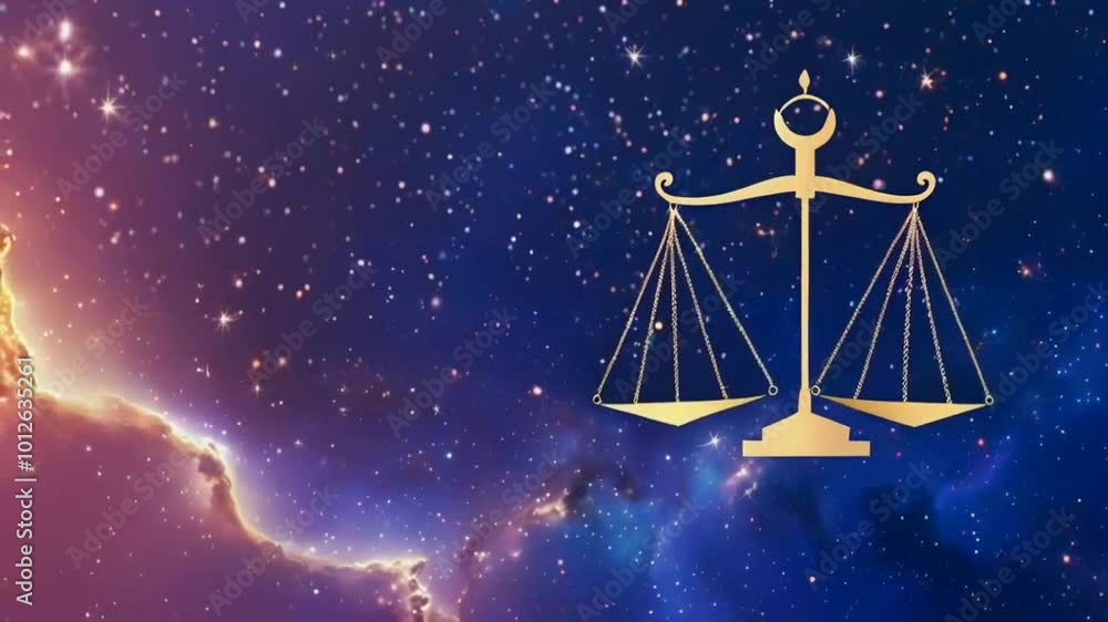 A golden scale symbolizing justice against a cosmic background. A golden scale symbolizing justice against a cosmic background.