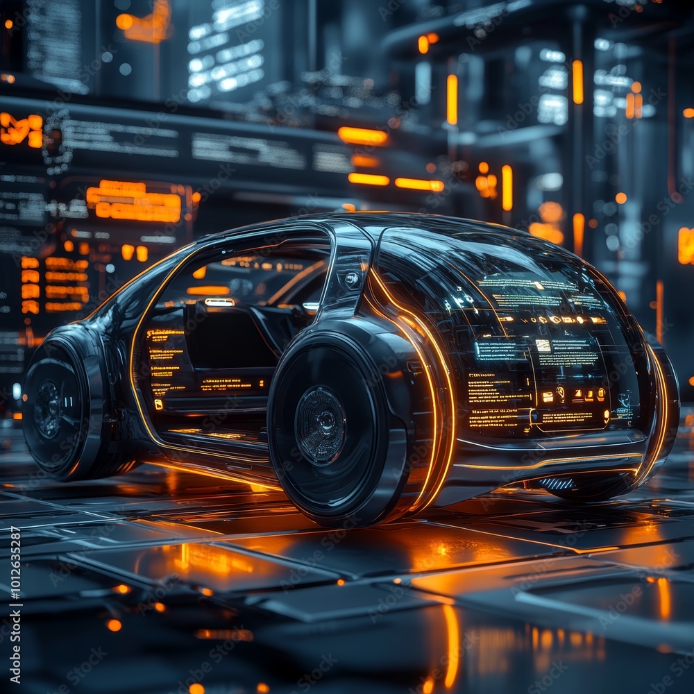 Futuristic Self Driving Car Concept in Neon Cityscape Futuristic Self Driving Car Concept in Neon Cityscape