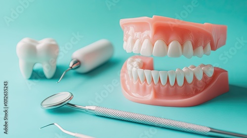 A close-up of dental care tools and a plastic teeth model, artistically arranged on a blue background, ideal for promoting dental hygiene and clinic services. photo